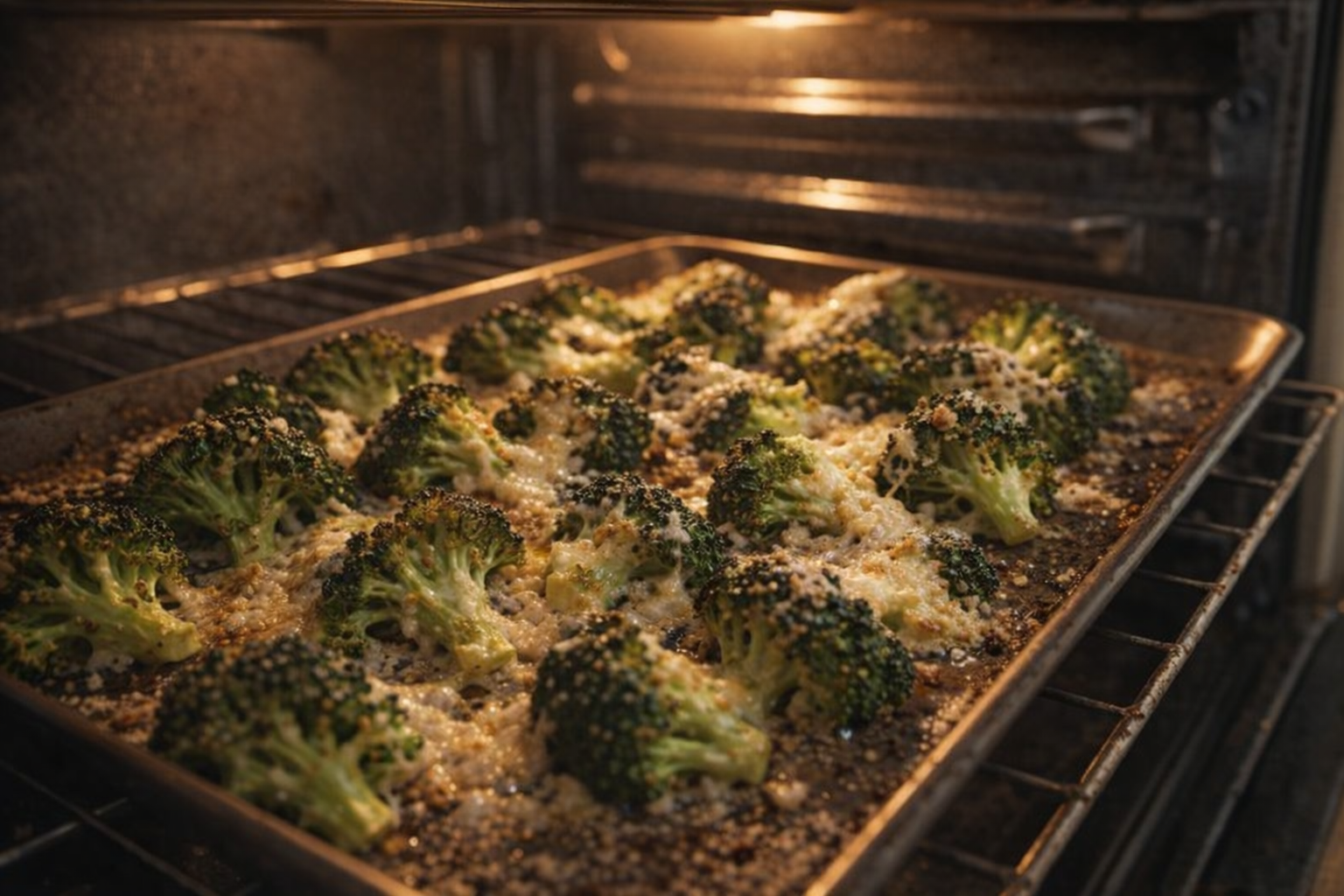 A side-angle shot of broccoli florets roasting on a baking sheet inside a hot oven, the florets are slightly browned and the parmesan cheese is melted and bubbly, warm oven lighting